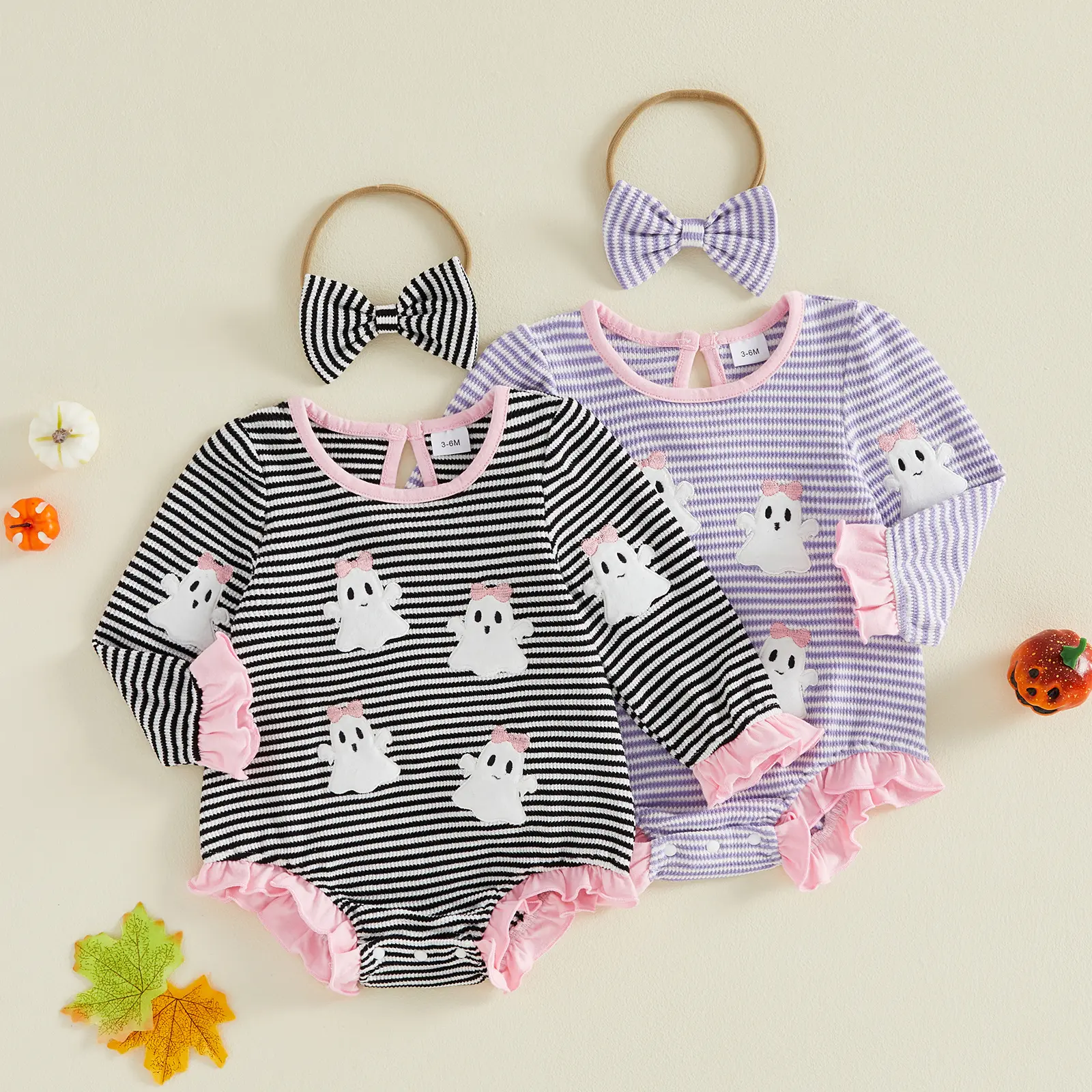 Infant Baby Girl Halloween Outfits Long Sleeve Ghost Embroidery Romper with Headband Set Fall Winter Clothes 0-18 Months