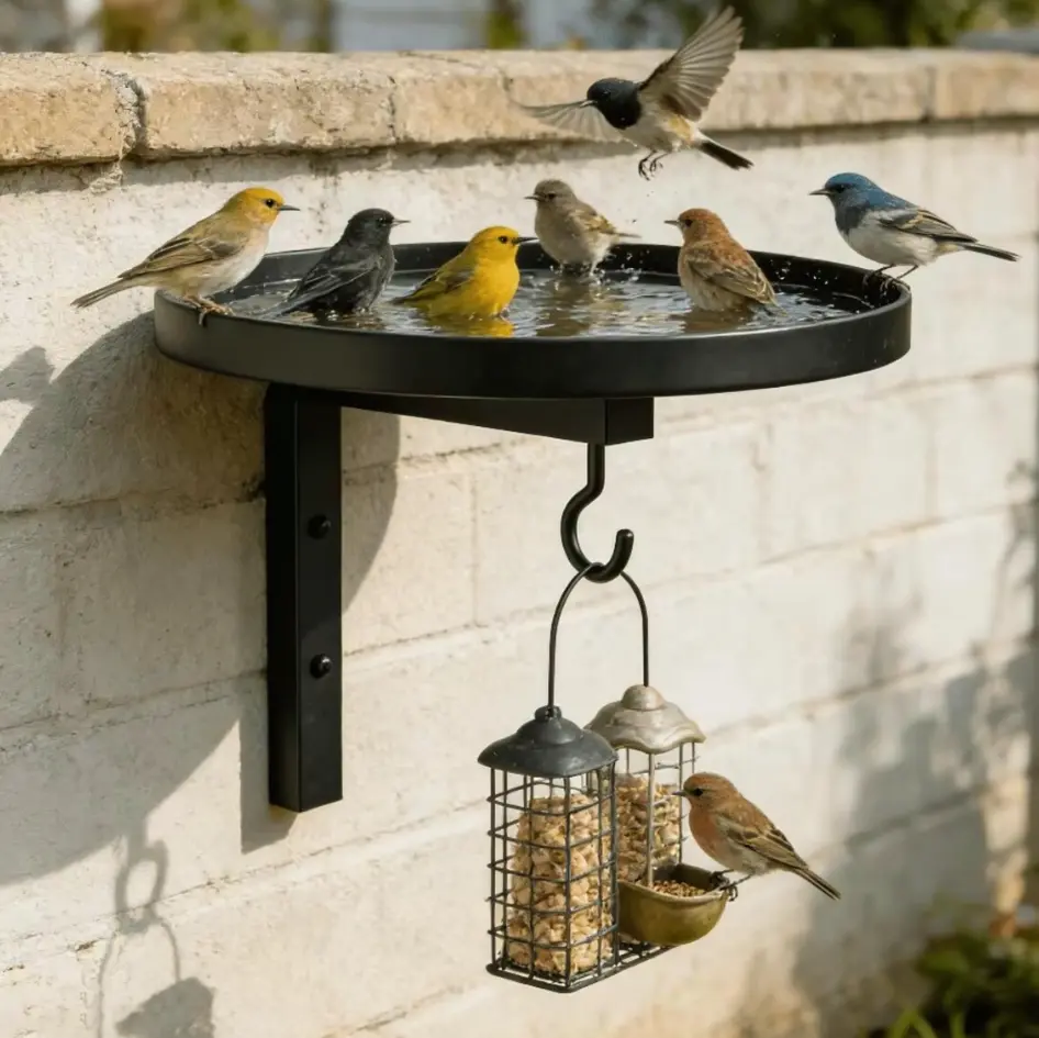 Wall Mounted Bird Bath and Feeder Combo, Heavy Duty Metal Wild Bird Waterer Station with Hanging Seed Feeders, Outdoor Backyard Garden Yard Decor Metal Bird Feeder and Bath Wall Mounted Bird Station with Plant Hook Rustic Garden Decor Patio Decoration