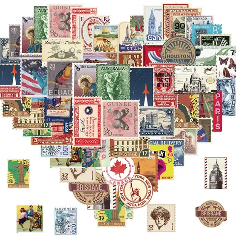 Vintage Stamp Sticker, 50pcs Retro Travel Sticker, Waterproof Vinyl Sticker for Scrapbook Laptop Water Bottle Skateboard