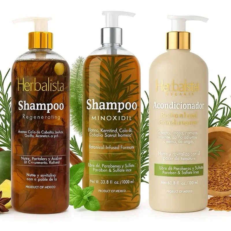 Viral New Herbal Shampoo 1000ml + Conditioner  + Minoxidil Shampoo Combo - With Real Pieces of Rosemary, Cinnamon, Anise, Clove, Aloe, Ginger, & Eucalyptus - Fortalece, Regenera, Acelera Crecimiento – 100% Natural & Handcrafted Aroma Blend