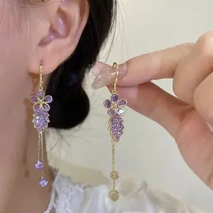 Shiny Fashionable Exquisite Full-Diamond Zircon Flower Leaf Tassel Earrings DDES0301  New Design Unique Earrings 14K Gold-Plated