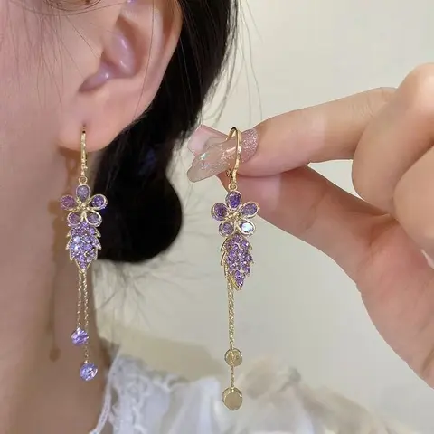 DDSC Shiny Fashionable Exquisite Full-Diamond Zircon Flower Leaf Tassel Earrings DDES0301  New Design Unique Earrings 14K Gold-Plated