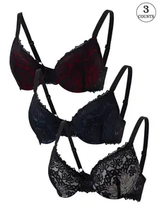 3 pieces lace sexy women's bras, Underwire brassiere, suitable for daily casual wear, underwire for lift and support, with adjustable hook-and-eye straps, comfortable, lightweight, breathable