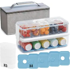 Double-Layer Chilled Portable Snackle Box with 5 Removable Compartments, 4 Ice Packs & Insulated Bag, Keeps Food Chilled or Warm, Extra Layer for Drinks, Fruits & Candy, Dishwasher-Safe for Road Trips