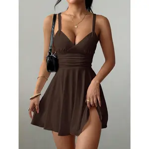 Women Sexy Ruched Mini Dress Sleeveless Spaghetti Strap A Line Skater Dress Solid Color Summer Sundress Backless Party Clubwear