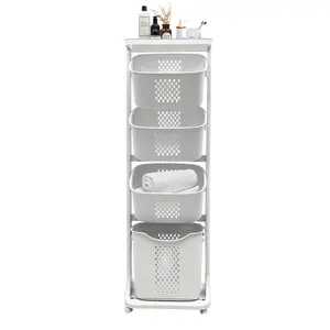 4-Tier Laundry Hamper Sorter, Laundry Storage Organizer with Wheels Removable Rolling Laundry Baskets, Bathroom Cart for Dirty Clothes, White