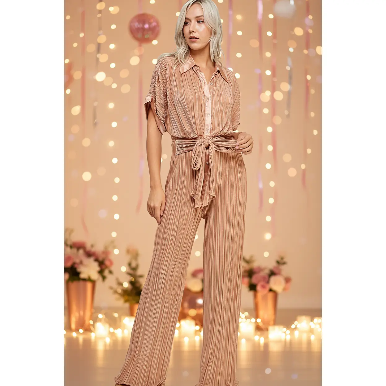 Women's Chic Rose Jumpsuit, Textured Pleated Corded Fabric, Short Sleeve Button-Front Design with a Relaxed Fit for Day-to-Night Wear