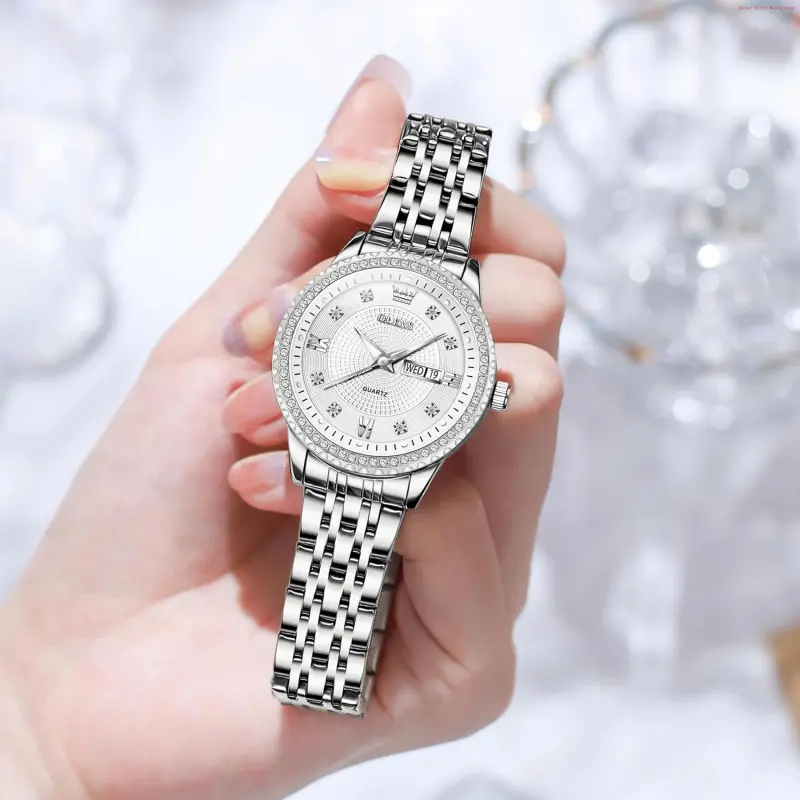Womens Silver Stainless Steel Luxury Ladies Waterproof Small Writs Diamond Watch Full Diamond Luxury Women Watch Round Face Stylish Silver  main image 3