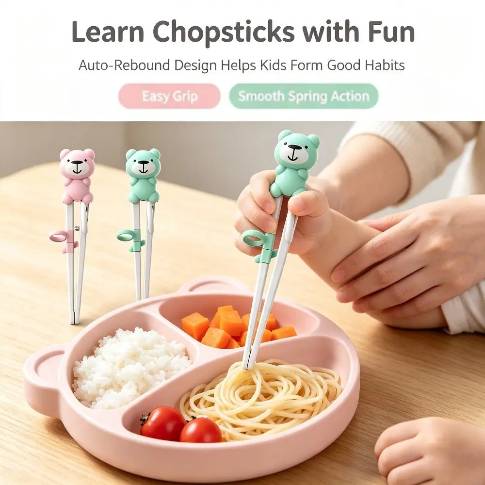 1pc Cute Bear Cartoon Animal-Shaped Unisex Reusable Children's Training Chopsticks with Finger Cots & Anti-Slip Grooves for Small Hands - Outdoor Camping, Picnic (Sports & Outdoor Picnicware, Camping Tableware Kits)