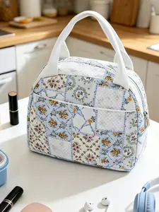 Floral Patchwork Quilted Lunch Bag, Corduroy Lunch Tote, Women's Insulated Warm Tote Bag, Lunch Cooler Bag, Multifunctional Insulated Bag, Portable Storage Bag for Work, School, Picnic, Durable Lunch Bag