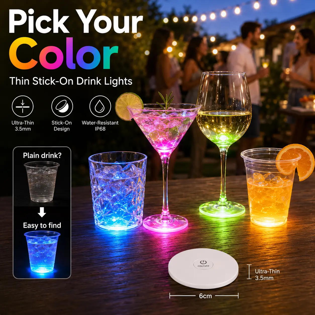 RGB LED Stick-On Drink Coaster Stickers, Ultra-Thin Color-Changing Cup & Bottle Lights, Festive Party Supplies for Wedding, Bar, Holiday Gift