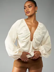MISSGUIDED V Neck Balloon Sleeve Ruched Front Blouse