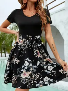 Women's Fashion Elegant Casual Round Neck Short Sleeve Printed Patchwork Dress, Stylish and Comfortable Summer, Perfect for Daily Wear