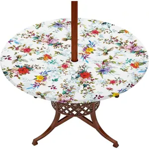 Round Fitted Outdoor Tablecloth with Umbrella Hole and Elastic, Fabric Waterproof Round Patio Table Cloth with Umbrella Hole for Spring/Summer/Party/Picnic, Flowers and Birds, Fits 40"-46" Tables