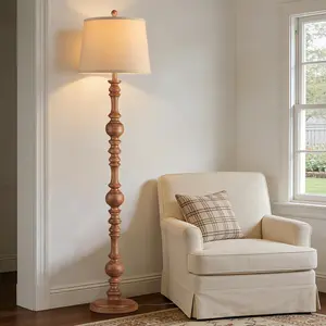 Vintage Floor Lamp for Living Room,61" Tall Rustic Standing Lamp with Linen Lampshade, Rotary Switch Farmhouse Floor lamp for Bedroom, Corner, Dining Room, Home Decor, Wood Grain