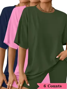 Women's Casual Outdoor Home Sport Solid Color Short Sleeve Top + Shorts 6 Pieces Women Tracksuit Sweatsuit Set, Sporty Round Neck, Fashion Simple Style, Basic Wear for Daily Use