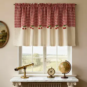 1 PC Red and Beige Vintage Plaid Kitchen Curtain Valance for Small Window Farmhouse Half Window Curtains Cherry Pom Poms Valance Curtain Rustic Short Tier Cafe Curtain Rod Pocket