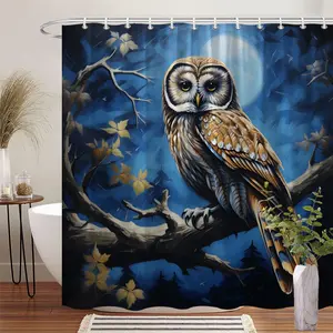 1Pc Owl Theme Shower Curtain Polyester Fabric Bathroom Decor with Moonlit Night Design Bath Hanging Curtain 70.8x70.8 Inch Includes 12 Hooks for Rustic Farmhouse Style