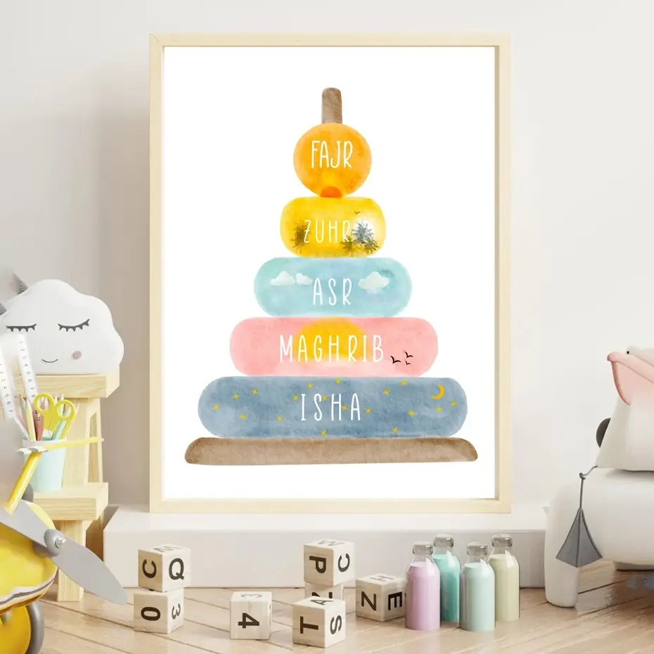 Islamic Prayer Reminder Canvas Muslim Fajr Zuhr Asr Maghrib Isha – Islamic Wall Art, Religious Home Decor, Religious Decorations, Ramadan Eid Decor, Kids Room Nursery Gift Home Decor