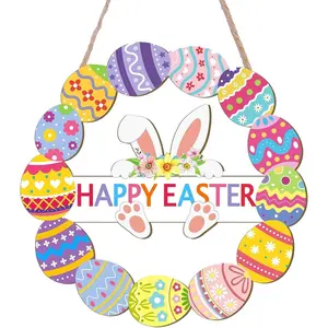 Wooden Bunny Easter Wreath for Front Door Decor, Bunny Eggs Wood Wreath, Farmhouse Welcome Door Wreath for Outdoor Indoor Window Hanging Decor