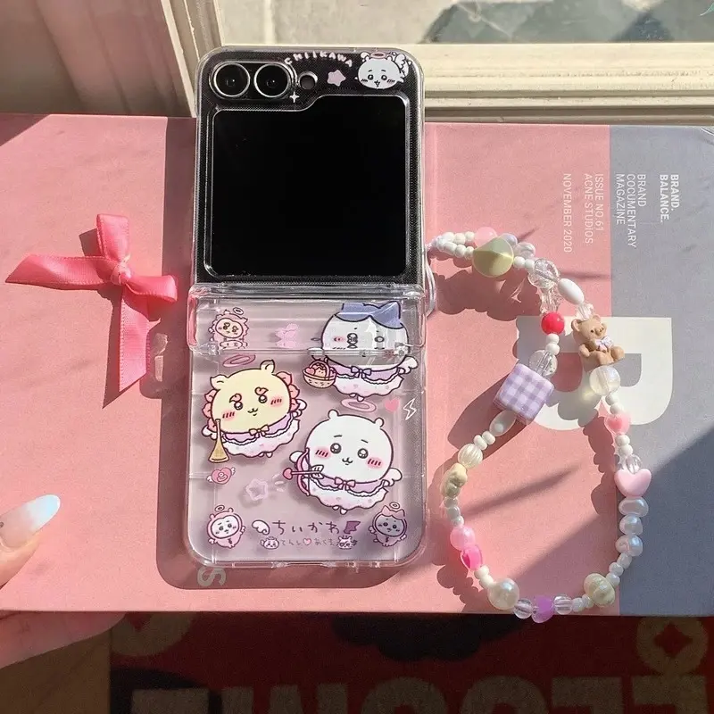 Cute Cartoon Anime Chiikawa Usagi Hachiware Card Wallet Pocket Phone Case with Lanyard, Cute Accessories for Samsung Galaxy Z Flip Series (7, 6, 5, 4, 3)
