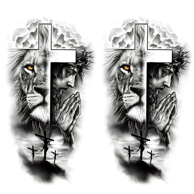 2 Sheets Waterproof Fake Forest Lion Jesus Cross Old School Arm Leg Temporary Tattoo