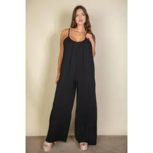 Plus spaghetti strap solid wide jumpsuit