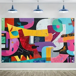 1pc 2D Flat Vibrant Street Art Mural Tapestry - Urban Alley Bold Geometric Shapes, Polyester Fabric Living Room, Bedroom, Office, Classroom, & Photo Shoot Backdrop -