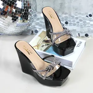 Women's Clear Transparent Wedge Platform Sandals with Sparkling Glitter Rhinestone Knot 5.12-inch High Heels Mules Elegant Comfort Breathable Slide Square Open Toe Slip-on Girl Summer Dressy Casual Shoes for Wedding Party Bridal DB