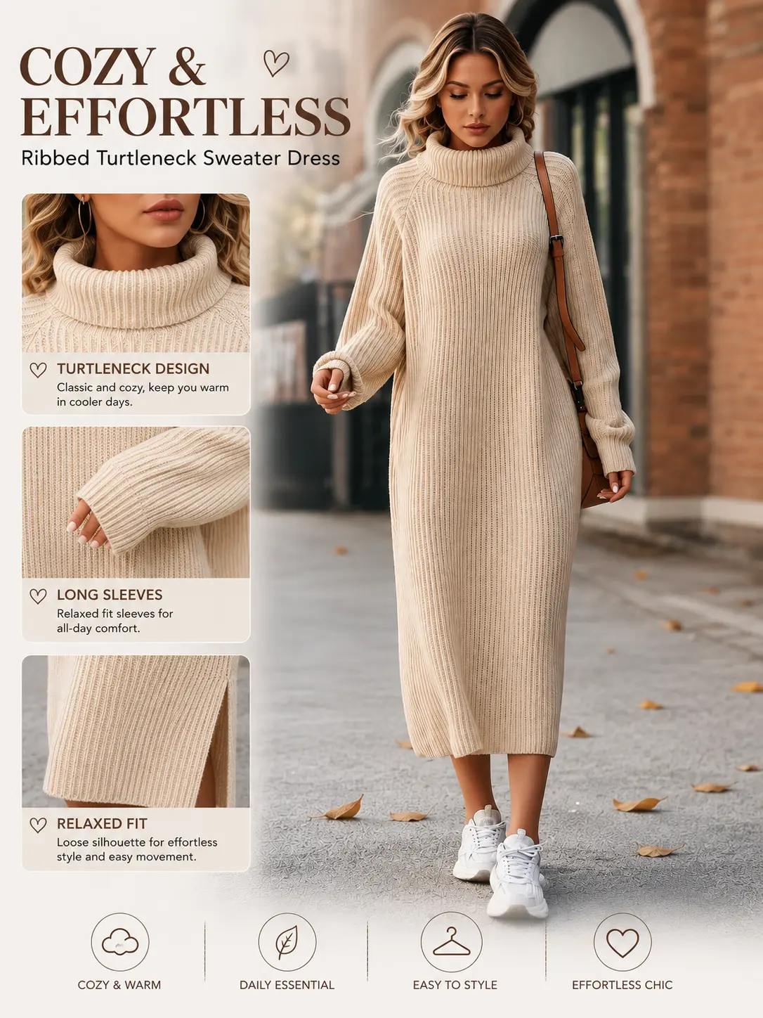 Women's Turtleneck Knit Sweater Dress |   Loose Fit Over-the-Knee Midi Dress |   Casual Solid Color Long Sleeve Layering Dress