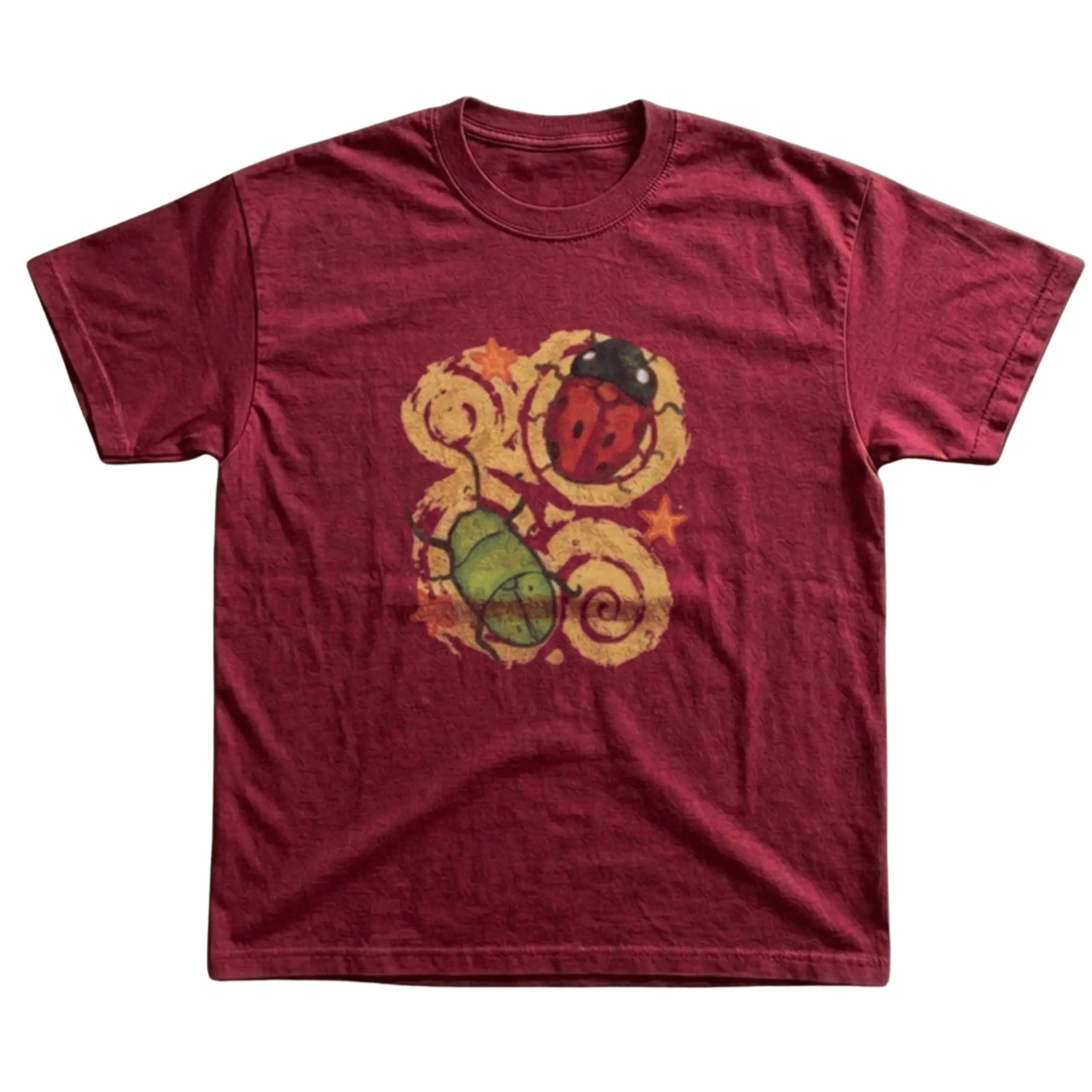 Gildan Men's and Women's T-Shirt, Vintage Beetle Bug Graphic Tee, Maroon Burgundy, Ladybug & Green Beetle Art, Retro Swirl Design, Distressed Print, Alt-Fashion Graphic Tee, Gift for Insect Lover.