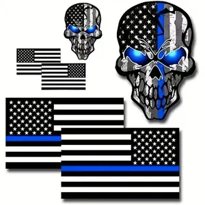 Thin Blue Line Bumper Patriotic Sticker Pack – 3-in-1 Black American Flag & Skull Decal Set for Car, Laptop, Helmet – Bold Durable Vinyl Stickers, 4×4×1 inches, High-Quality Weather-Resistant