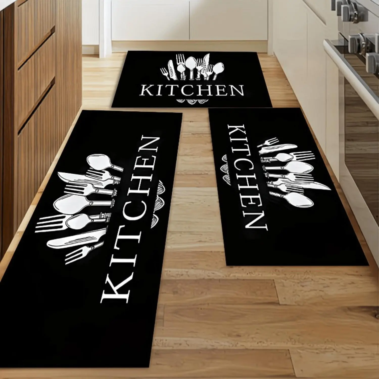 1pc Kitchen home flannel floor mat, black knife and fork pattern Mat, very suitable for home decoration bathroom Mat Mat, non-slip,