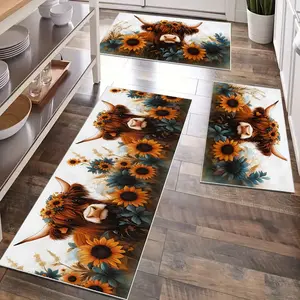 Highland Cow Sunflower Print Kitchen Area Rug, Vintage Floral Home Decor, Non-Slip Soft Washable Carpet for Entryway Bathroom Bedroom Balcony Laundry Room