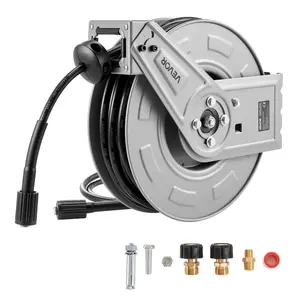 VEVOR Pressure Washer Hose Reel, 60 ftx 1/4 inch Retractable Power Heavy - Duty Steel Washer Hose Reel, 4000PSI Max, Auto - Rewinding, Flexible Wall/Floor Mounted for Car Washing, Garden, Floor Cleaning