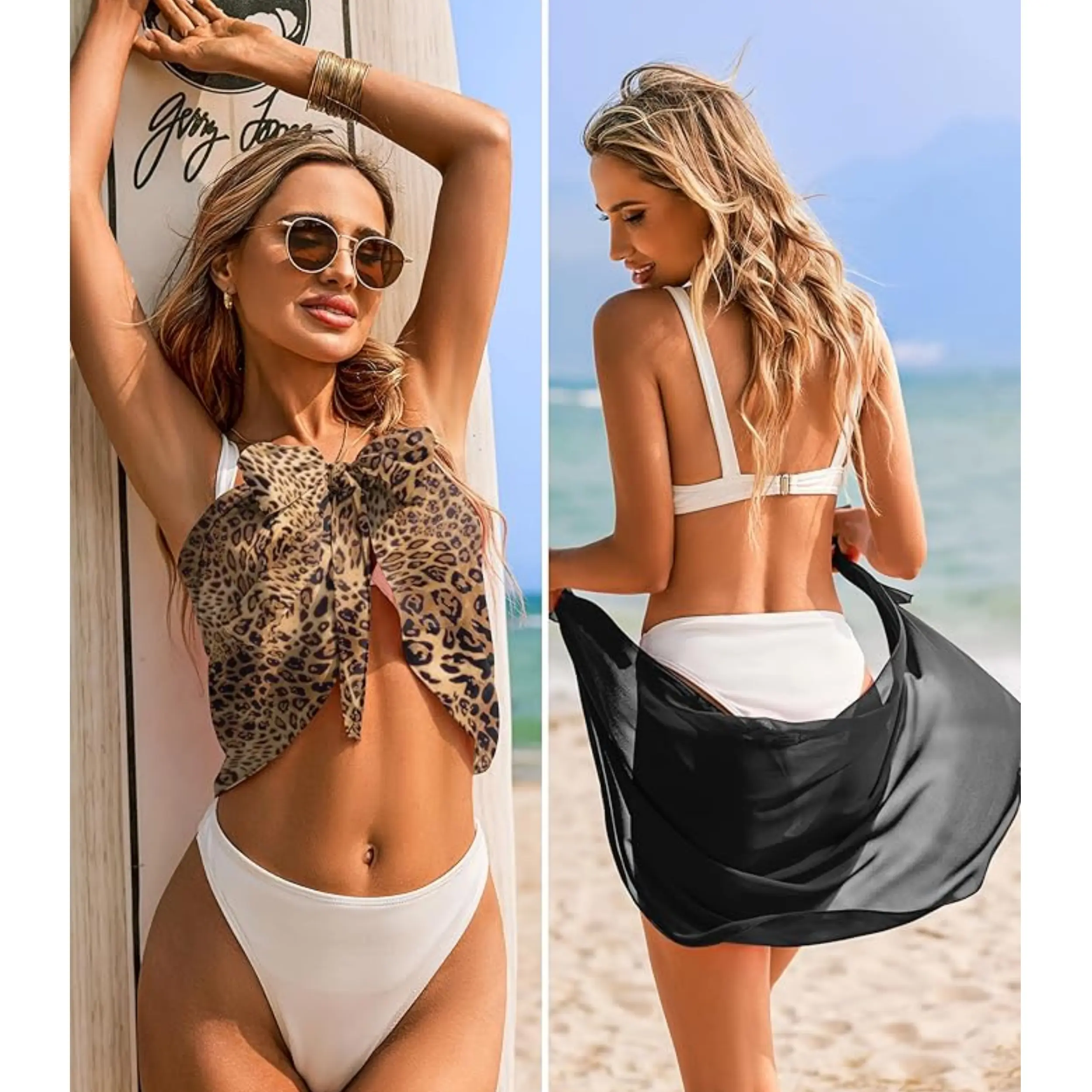 Ekouaer Women's 2-Pack Sheer Chiffon Sarongs, Short Tie-Waist Pareo Wrap Skirt, Bathing Suit Cover Ups for Beach & Pool, Swimsuit Cover Up, Cruise, Bikini Cover Ups