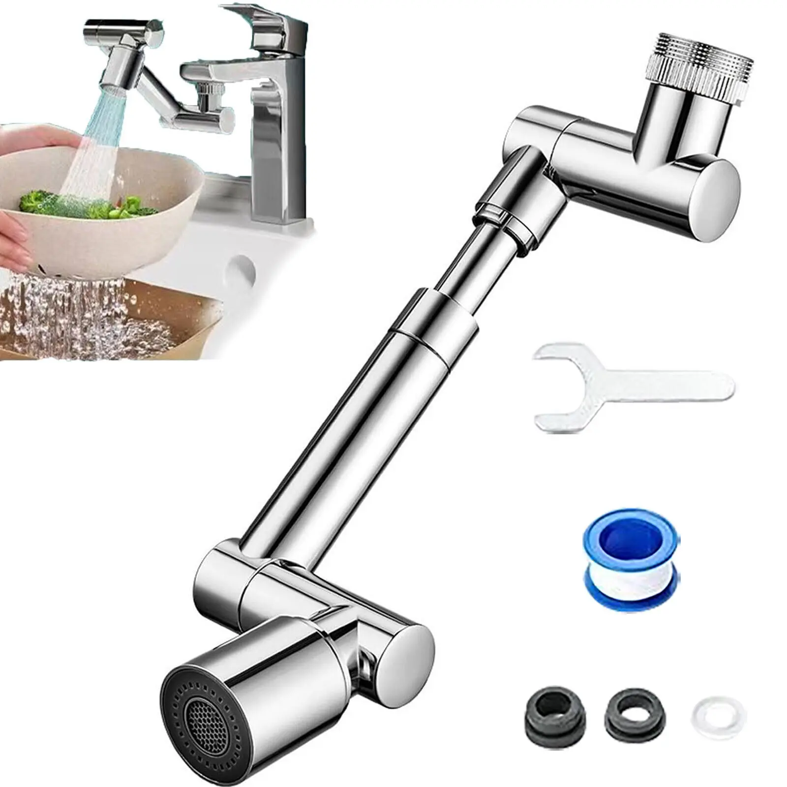 Brass & ABS Robotic Arm Kitchen Faucet Extender Fixture, 1440° Omnidirectional Swivel, 2-In-1 Anti-Splash Tool with Fold & Store Arm, 3 Spray Modes (Jet + Bubble, Waterfall), Hand, Face & Dish Care in 1 Tap