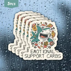 5Pcs Carb-Loving Shark "Emotional Support Carbs" Waterproof Vinyl Sticker, Self-Adhesive Decal, Suitable For Water Bottles, Laptops, Cars, Tablets, Ideal For Foodies, Shark Lovers And Meme Enthusiasts
