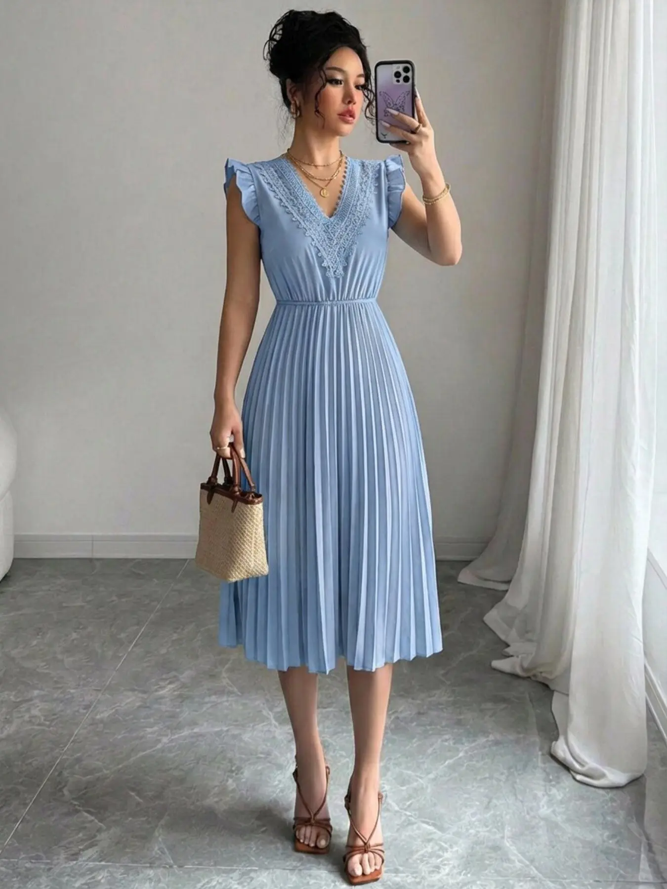 Summer Elegant Lace V-Neck Flutter Butterfly Sleeve Waist Cinch Pleated Sleeveless Solid Color Vacation Beach Travel Dress, Women's Casual Wear Fashionable Summer Dress Womenswear Style
