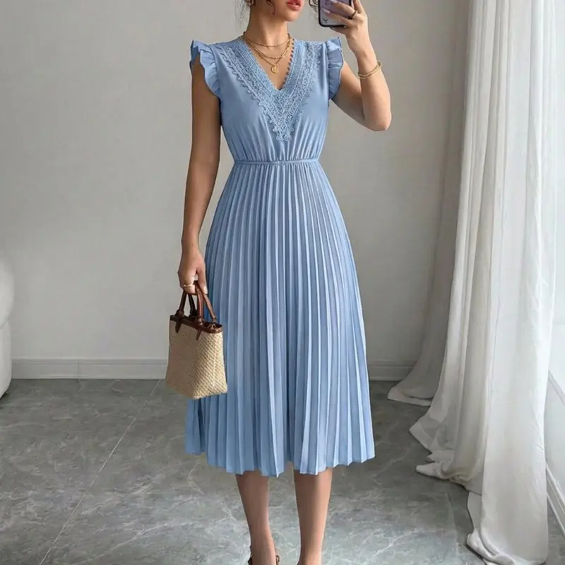 Summer Elegant Lace V-Neck Flutter Butterfly Sleeve Waist Cinch Pleated Sleeveless Solid Color Vacation Beach Travel Dress, Women's Casual Wear Fashionable Summer Dress Womenswear Style