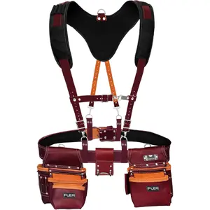 FUERI 17 Pocket Leather Tool Belt with Suspenders,Comes with Padded Belt, Big Pouches, Hammer Holder,Suspender loops and Leather Suspender, Ideal for Construction Workers, Carpenters and Electrician.