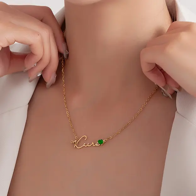 AS056 Heart-shaped Birthstone Engraved Initial Necklace, Dainty Gold Fashion Jewelry for Women, Engraved Necklace, Dainty Gold Necklace