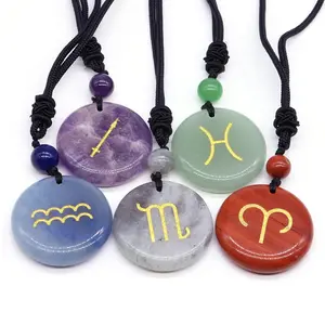 Twelve Zodiac Crystal Disc Pendant, Unique Energy Relaxation Gemstone, Meditation Spiritual Growth Jewelry, Valentine Easter Thanksgiving Gift