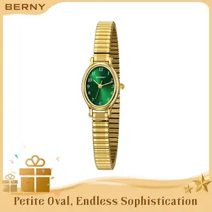 BERNY Gold Women's Watch Dainty Quartz Wristwatch Elegant Oval Female Watches Waterproof Adjustable Stainless Steel Expansion Stretch Bracelet Arabic Numerals High Quality Lightweight Minimalist Fashion Birthday Gift, Reloj de Mujer, Summer Accessories