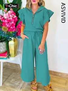 2Pcs Women's Feminine Casual Aesthetic Style Solid Textured Ruffled Sleeve Zipped Top and High Waist Pockets Wide Leg Pants Set for Summer, Ladies Clothes for Daily Wear