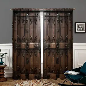 Vintage Wooden Door Pattern Door Curtain, 2 Counts/set Home Decoration Curtain Retro  Decorative Curtain, Home Decor for Living Room Bedroom Kitchen Study Room