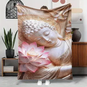 1pcs Buddha Statue Lotus Serene Theme Flannel Blanket, Digital Print, Sofa Bed Cover Blanket, Skin-Friendly Soft, Christmas New Year Gift, Suitable For All Year Round