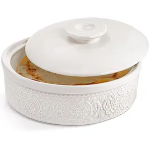 Ceramic Tortilla Warmer, 8.5 Inch Embossed Taco Holder with Lid, Microwave and Oven Safe Tortilla Storage Container for Mexican Party Tuesday Night, Hold up to 12 Tortillas, White
