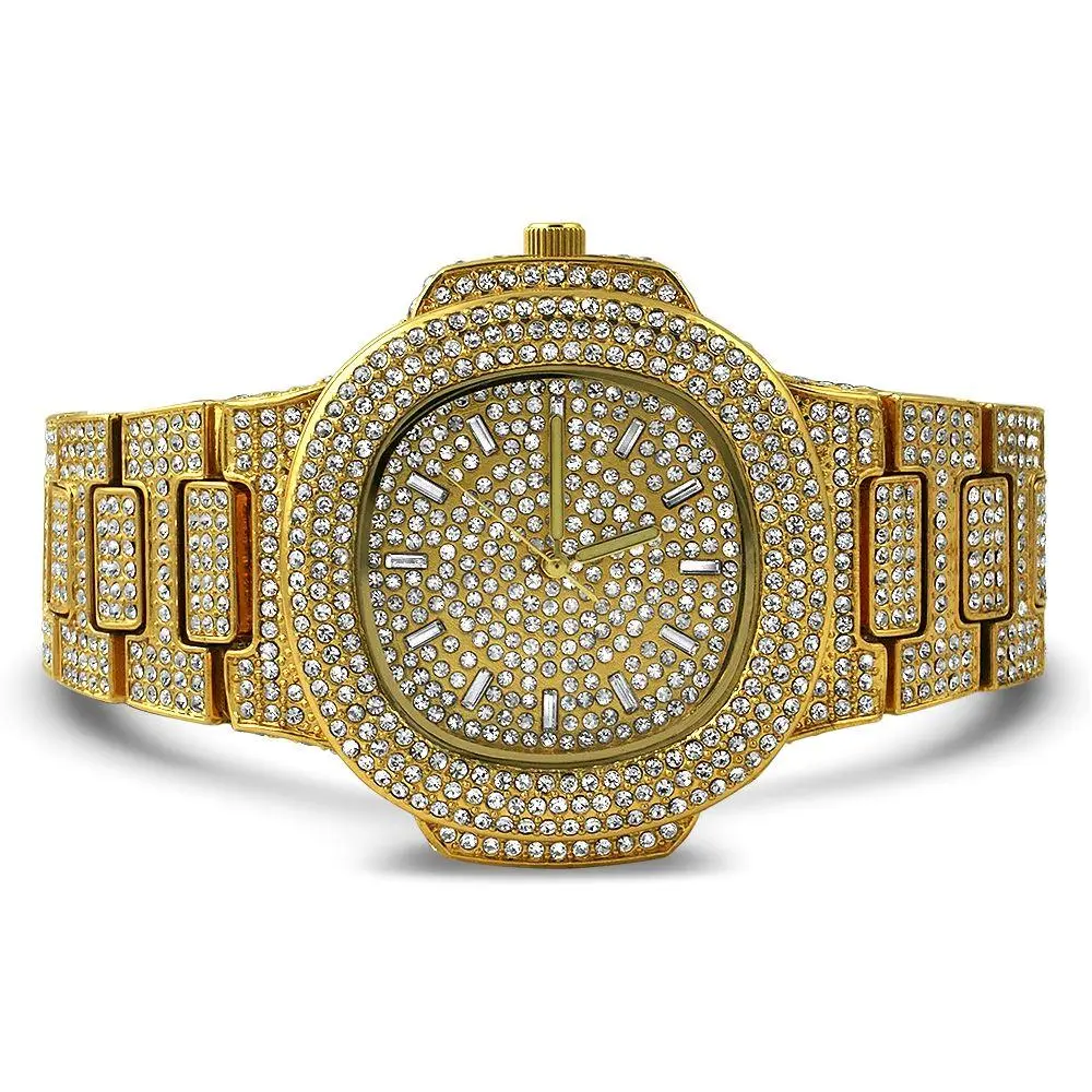 Women's High-End 44MM Big Face Gold Hip Hop Watch with Czech Crystal Stones, Bling Blizzard Fashion Accessory Watch, High End Watch