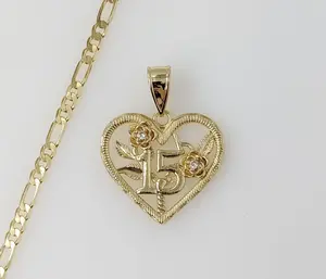 Plated Heart "My 15" Quince 3mm Figaro Chain Necklace